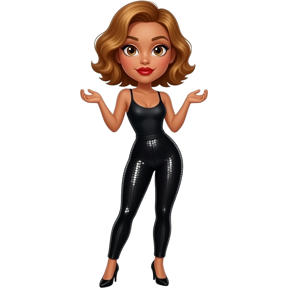 glamours,-tanned,-very-beautiful-woman-with-big-plump-red-lips,-long-long-lashes,-honey-silky-very short- hair,-wavy-hair,-hazel-eyes- wearing-black-bodysuit-and-black-sequinned-pants-black-stilettos-and arms-shrugging- emoji