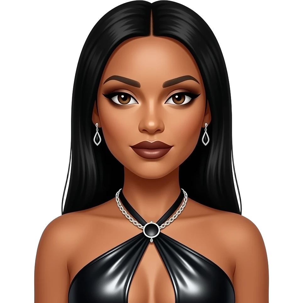 Aaliyah with dark brown eyes, long black straight hair, black eyeshadow, dark brown lipstick, black metallic halter dress, necklace and earrings emoji