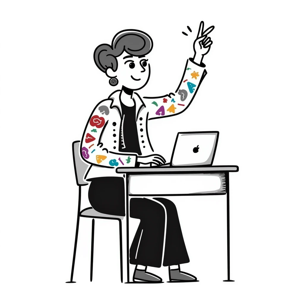 Edgy female rock musician with colorful tattoo sleeve, undercut hairstyle with vibrant dyed hair, wearing leather jacket, sitting at classroom desk with laptop, hand raised enthusiastically emoji