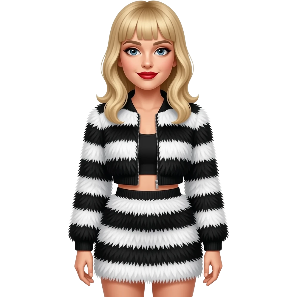 Sabrina Carpenter wears a bold, black and white striped faux-fur ensemble consisting of a cropped jacket and a matching mini skirt. The textured, shaggy fabric creates a playful, high-fashion silhouette, accented by her signature blonde bangs and deep red lipstick. emoji
