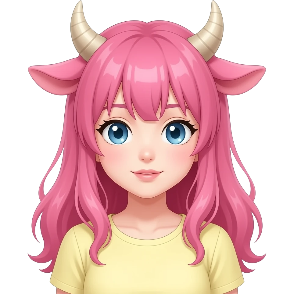 Cute pretty anime lady with horns, pink hair, pink cow ears, pastel yellow shirt, light blue eyes emoji