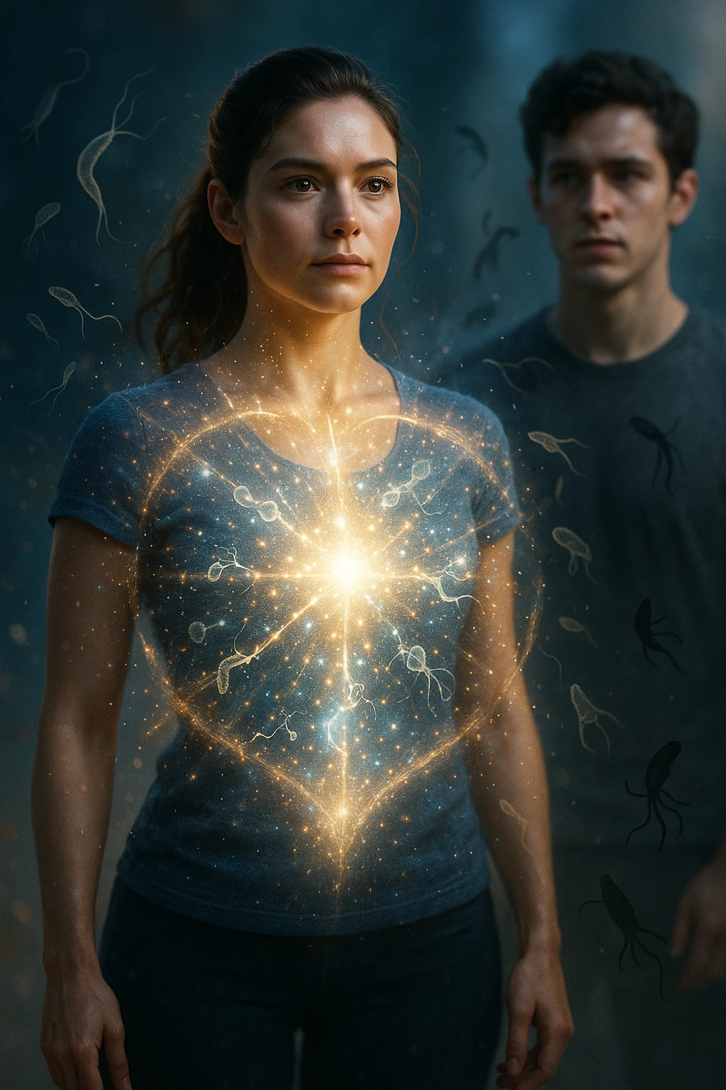A hyper-realistic, cinematic image showing a young woman with a glowing, radiant aura symbolizing a very strong immune system. She stands confidently, surrounded by a dynamic shield of light particles and molecular energy swirling around her body, especially focused around her abdomen and chest. Against this luminous barrier, faint translucent representations of parasites—small worm-like and protozoan shapes—attempt to approach her but are visibly repelled or disintegrating upon contact with the shield. Nearby, a young man representing her boyfriend is shown with subtle, shadowy parasite silhouettes near him, some reaching toward her but unable to penetrate her immune defenses. The background is softly blurred to keep the focus on the energetic battle at the forefront, with cool blues and warm golds contrasting to symbolize health, vitality, and defense. The lighting is dramatic yet hopeful, with a cinematic 35mm film style emphasizing sharp detail on her determined face and the swirling protective energy. The overall tone conveys resilience, protection, and the unseen battle inside the body. emoji