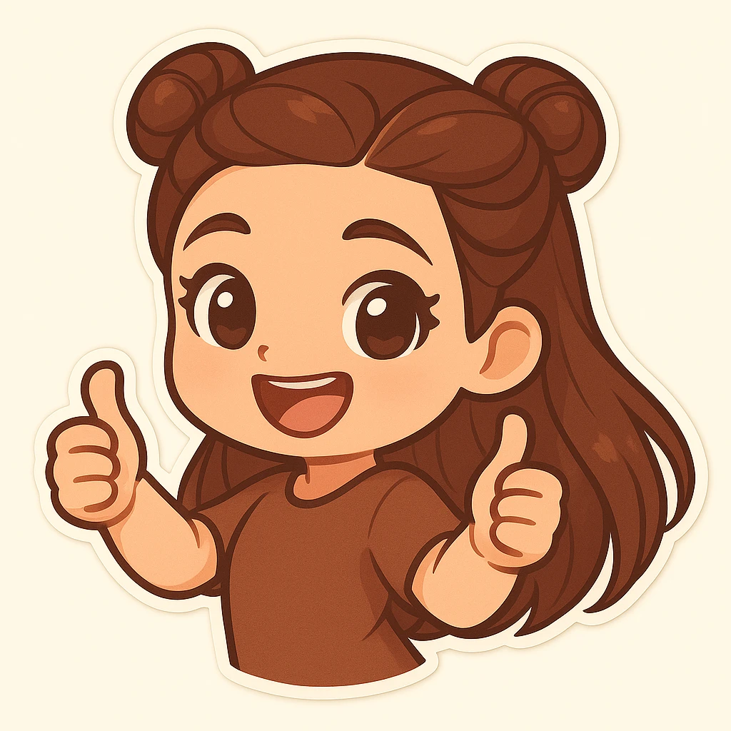 Create a chibi sticker of the girl with double bun hairstyle, giving a thumbs up with both hands, big smile, body turned slightly to the side, energetic and proud, same face and clothes as before. emoji