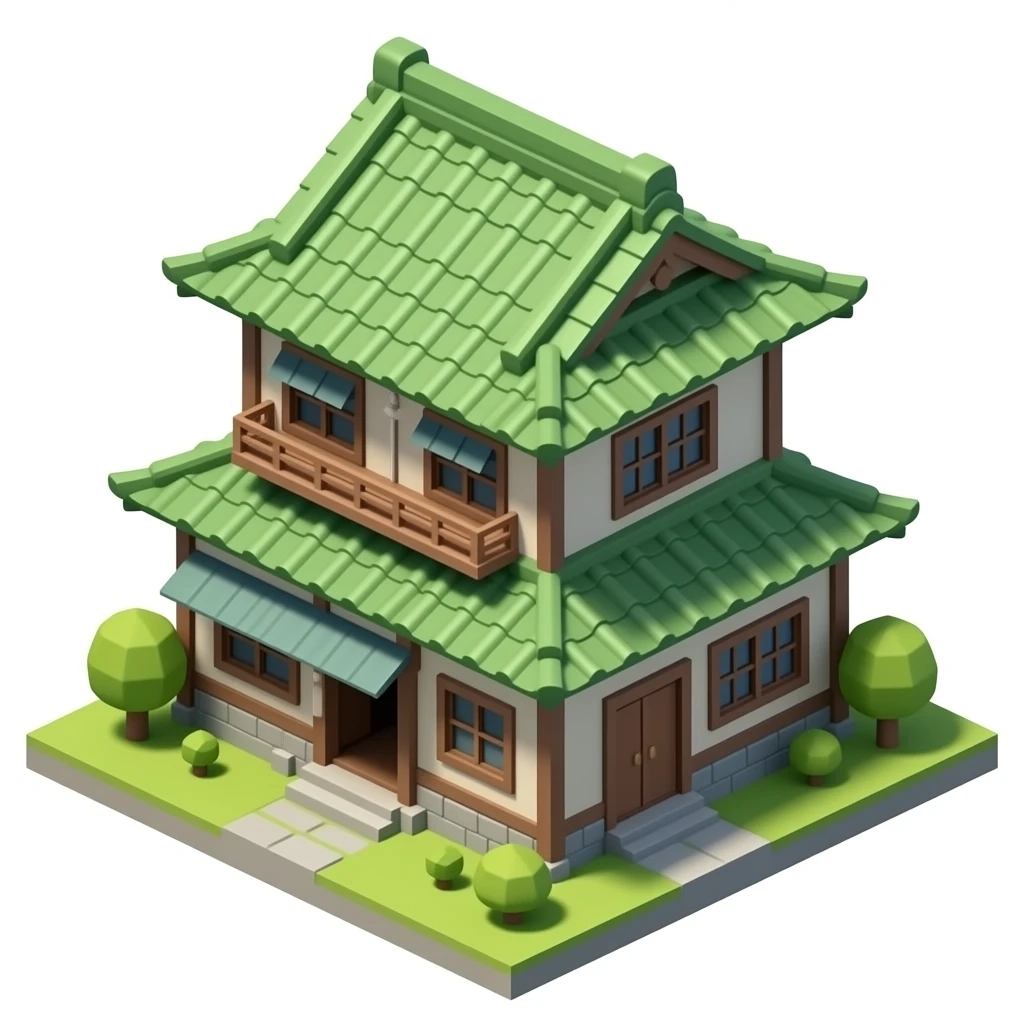 Japanese double floor house with green roof old style no background only house 3d png emoji