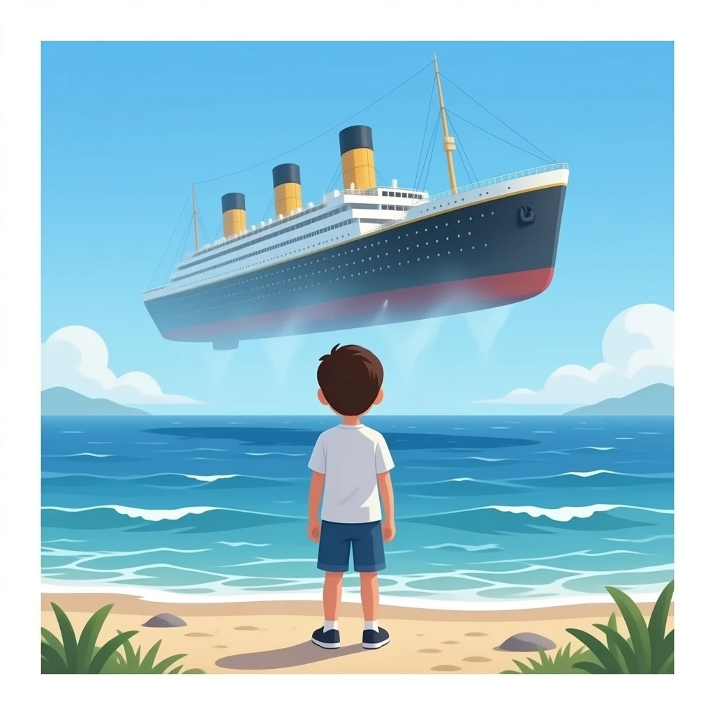 The ghostly ship Titanic hovers above the sea as a boy on the shore watches the scene emoji