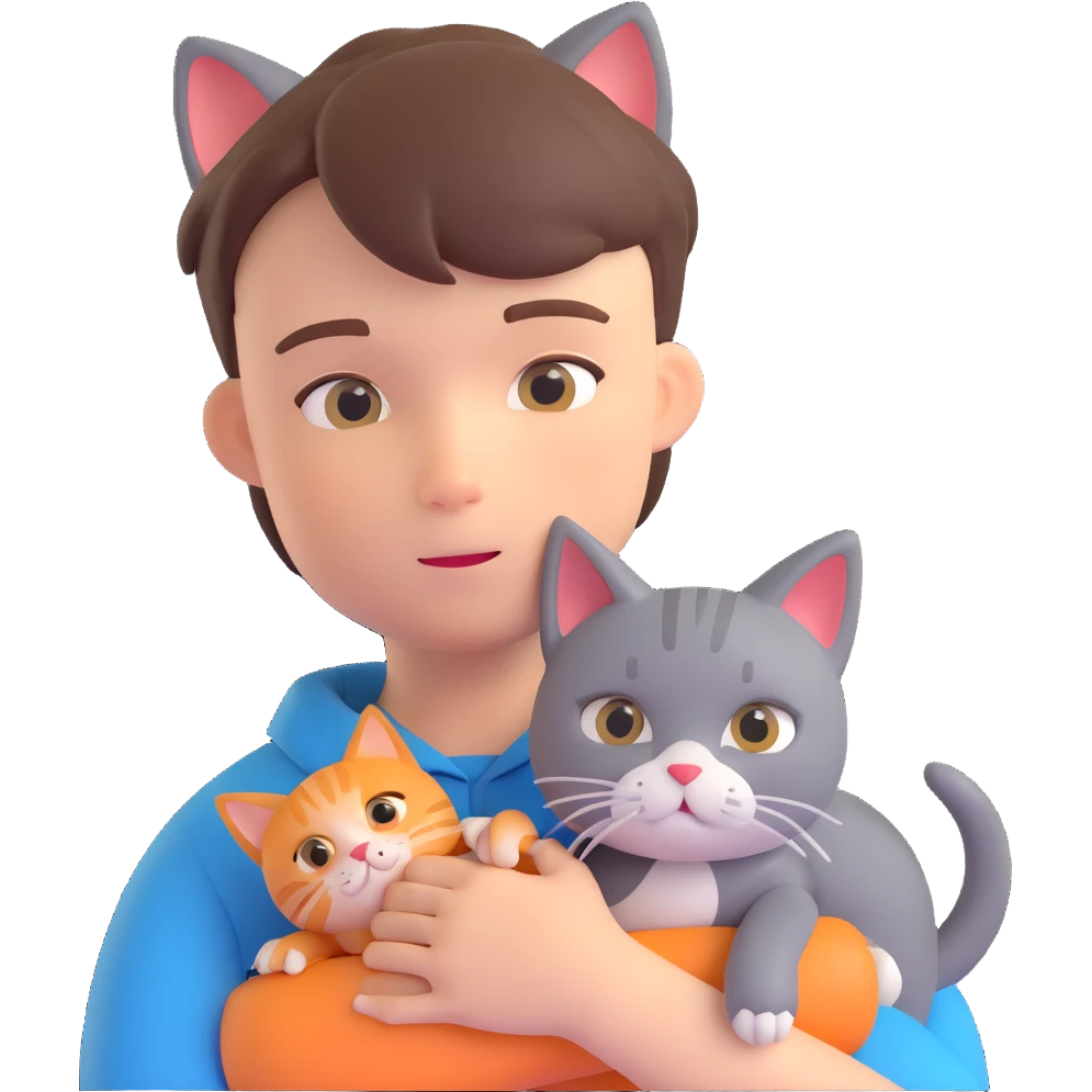 boy and cat pet in forrest background, close up pose emoji