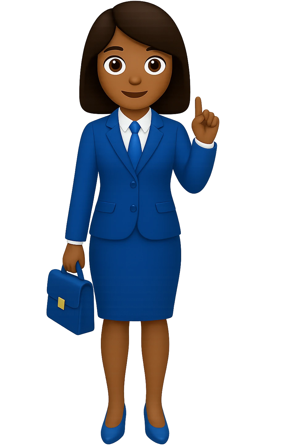 Edit the image of an AT&T inspired woman emoji, full body, in business attire, in Apple emoji style. Change the hair color to brown. Keep the blue and white color scheme. Remove the background to transparent. emoji