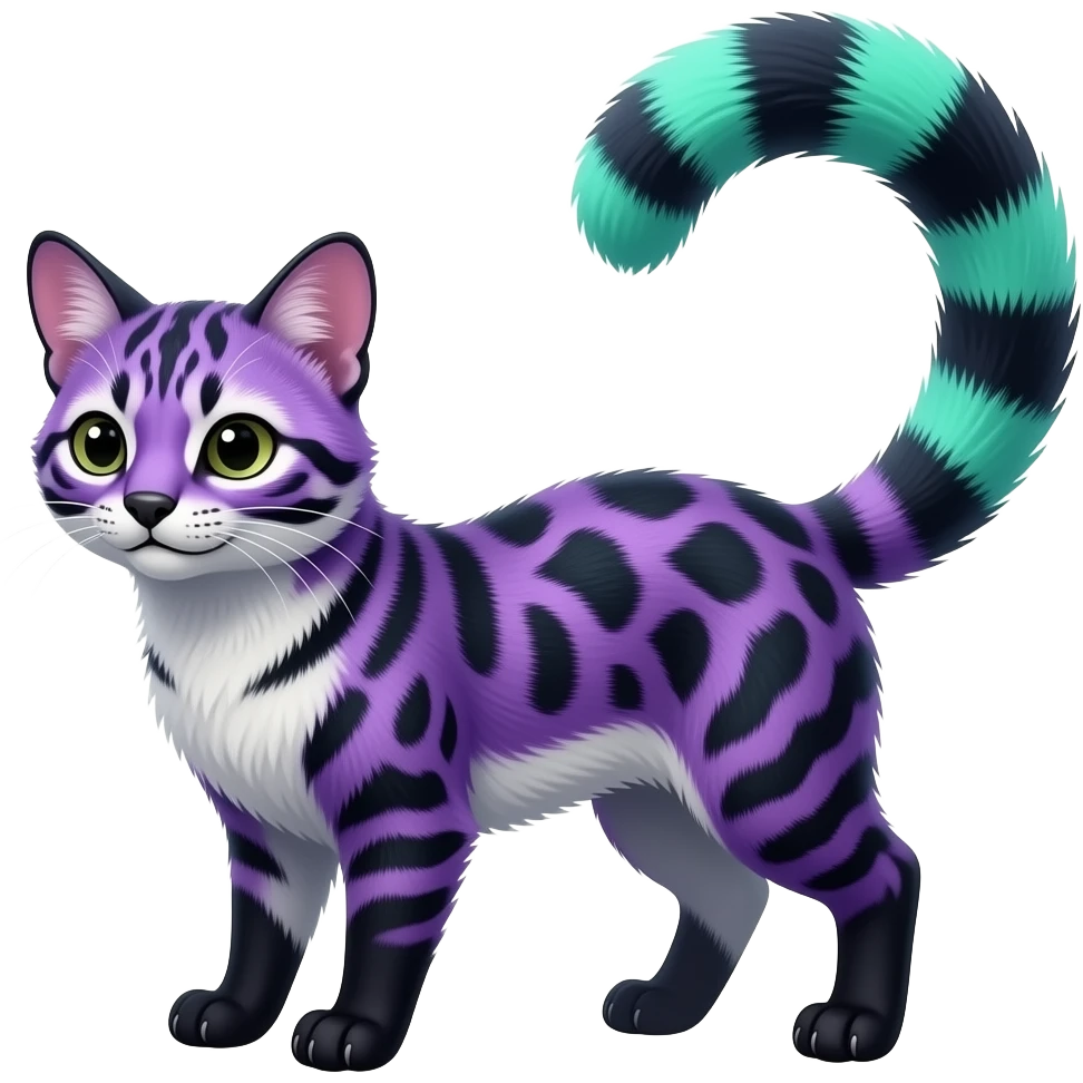 Nebulae shiny realistic silky tropical thin exotic beautiful purple fur with cyan-lime-green-gradients-colored, black markings, with white underside, iridescent civet-genet-Cacomistle-oncilla-animal-hybrid with intricate pattern markings, thin long tufted tail (full body) emoji