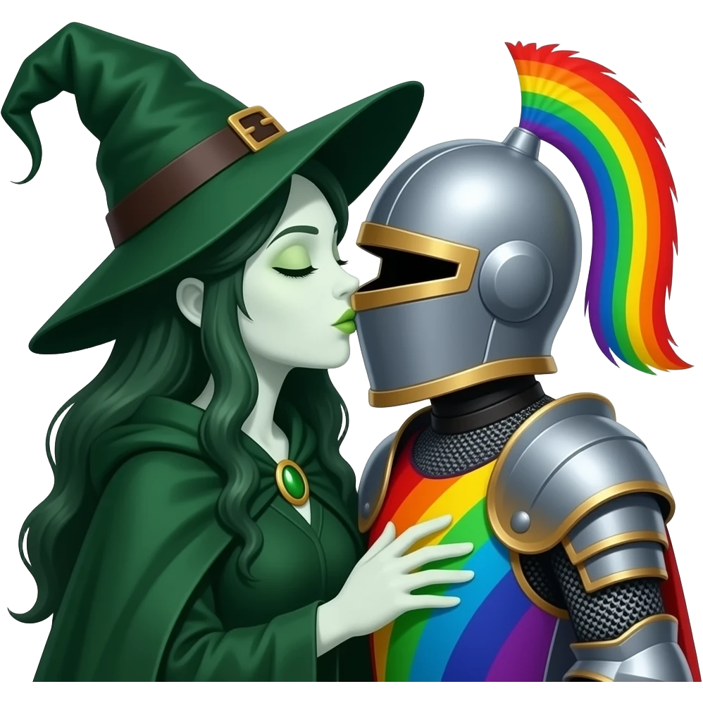 cloaked green witch  pale white skin kissing rainbow knight  no helmet emoji