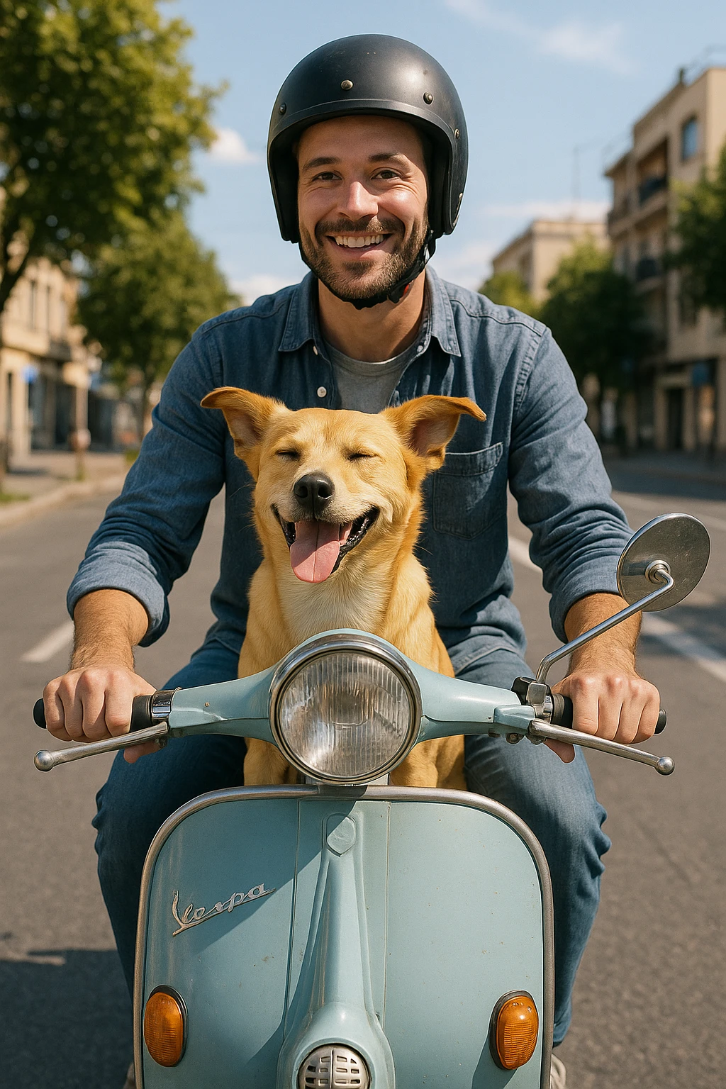 man and his pet dog riding a vespa emoji