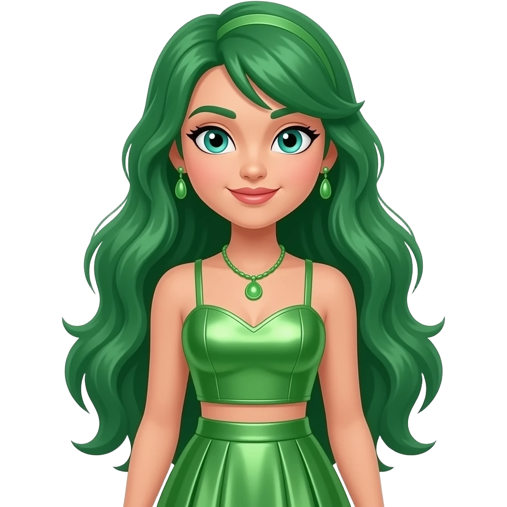 Jade Hunter from Rainbow High with turquoise eyes, long green hair, green metallic sweetheart crop top and long skirt, green necklace and earrings emoji