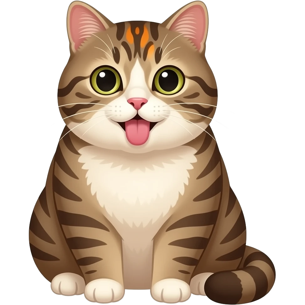 Fat Brown and cream color tabby cat with orange spot on forehead. Sticking tongue out emoji