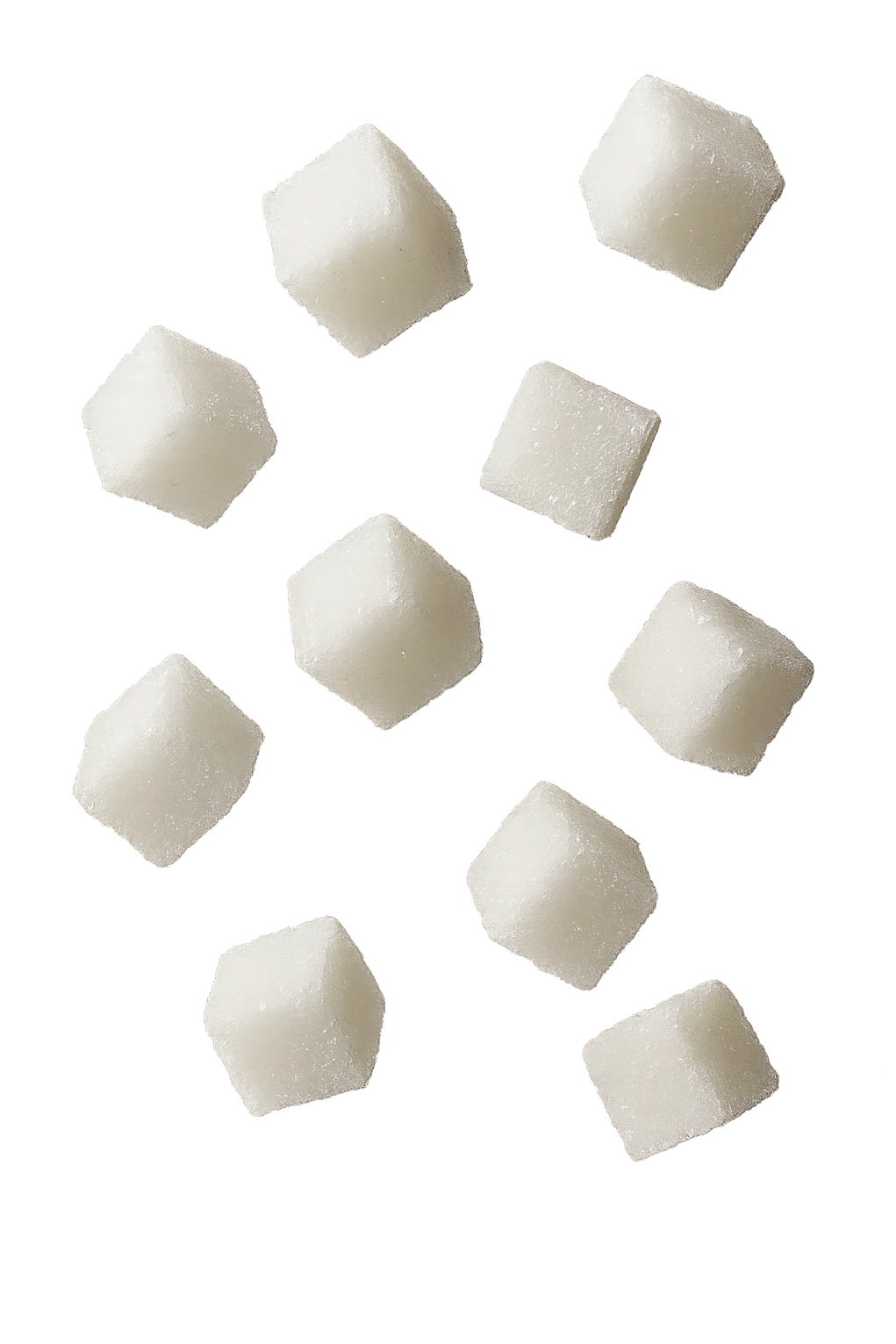 zollette di zucchero fluttuano in aria, iperrealistica 4k, isolato su sfondo bianco emoji