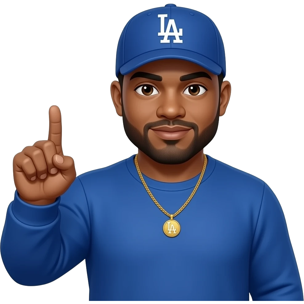 African American chubby man with a beige skin complextion with lightly shaved black beard wearing a blue Los Angeles Dodgers baseball cap wearing a long sleeve blue shirt wearing a gold tennis necklace making a gun with his fingers emoji