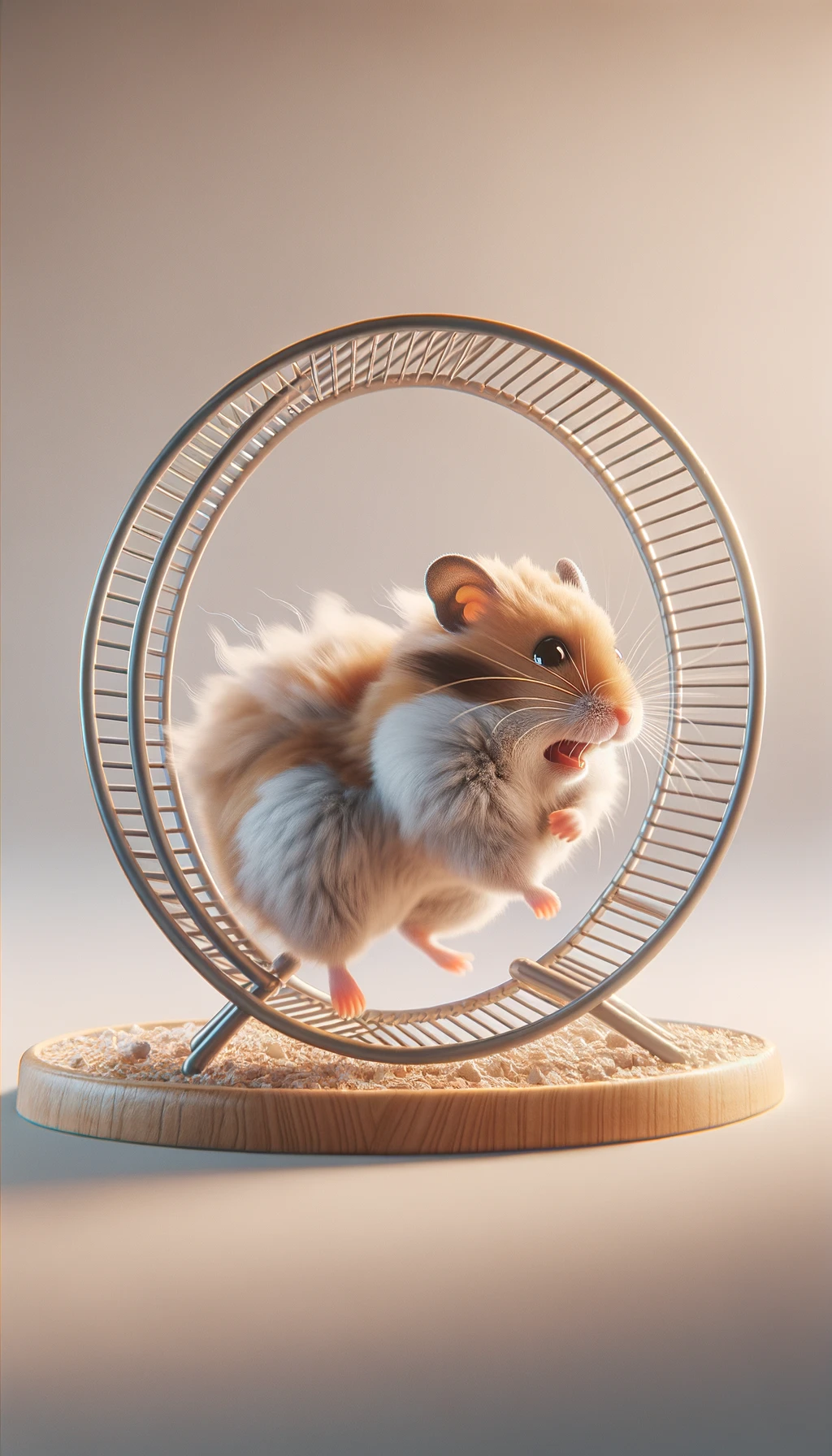criceto stressato che corre sulla ruota, sfondo chiaro, iperrealistica 4k emoji