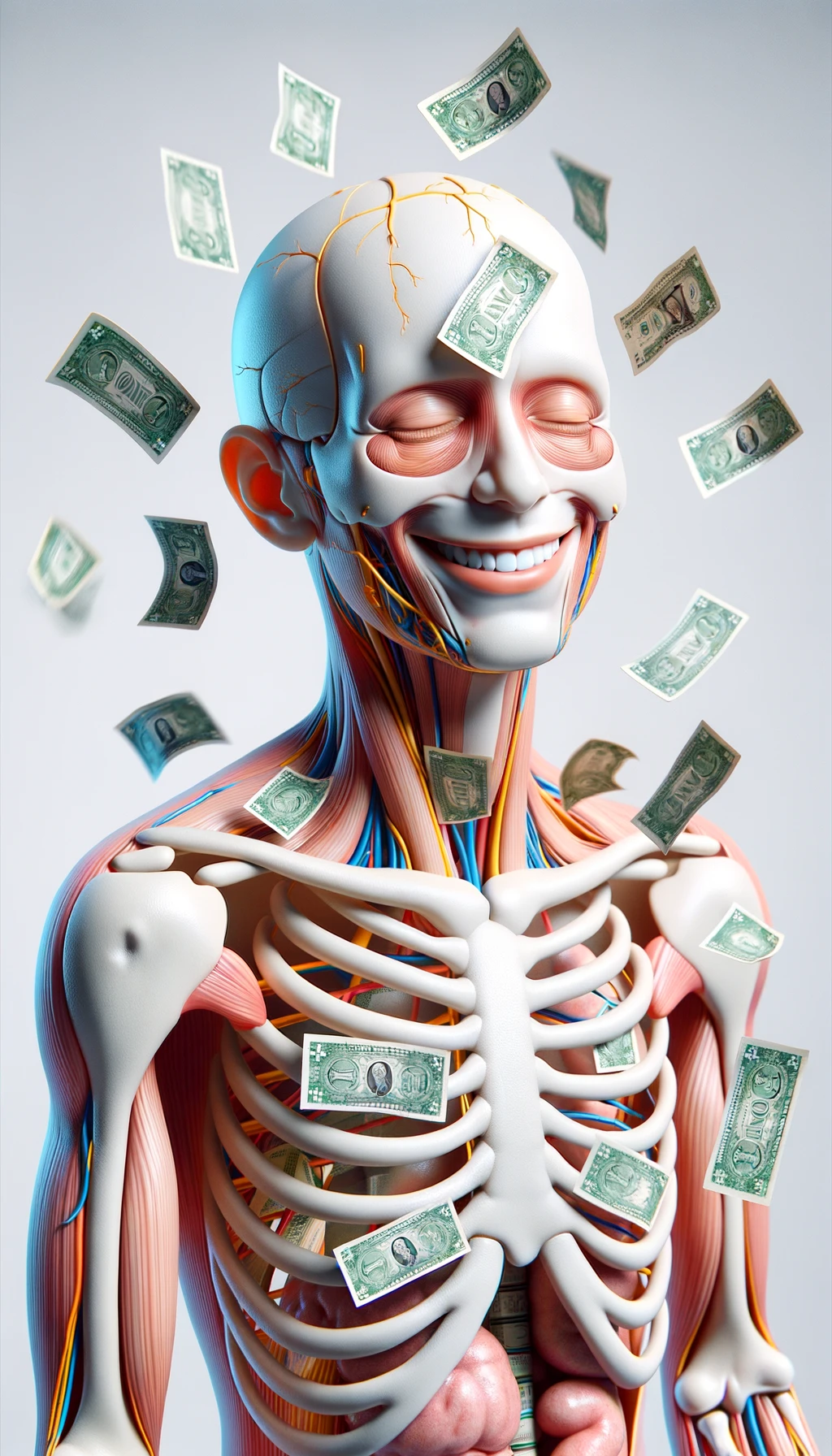 corpo umano anatomico sereno e felice con banconote sparse appiccicate sul corpo, espressione stupita, iperrealistica 4k, isolato su sfondo bianco emoji