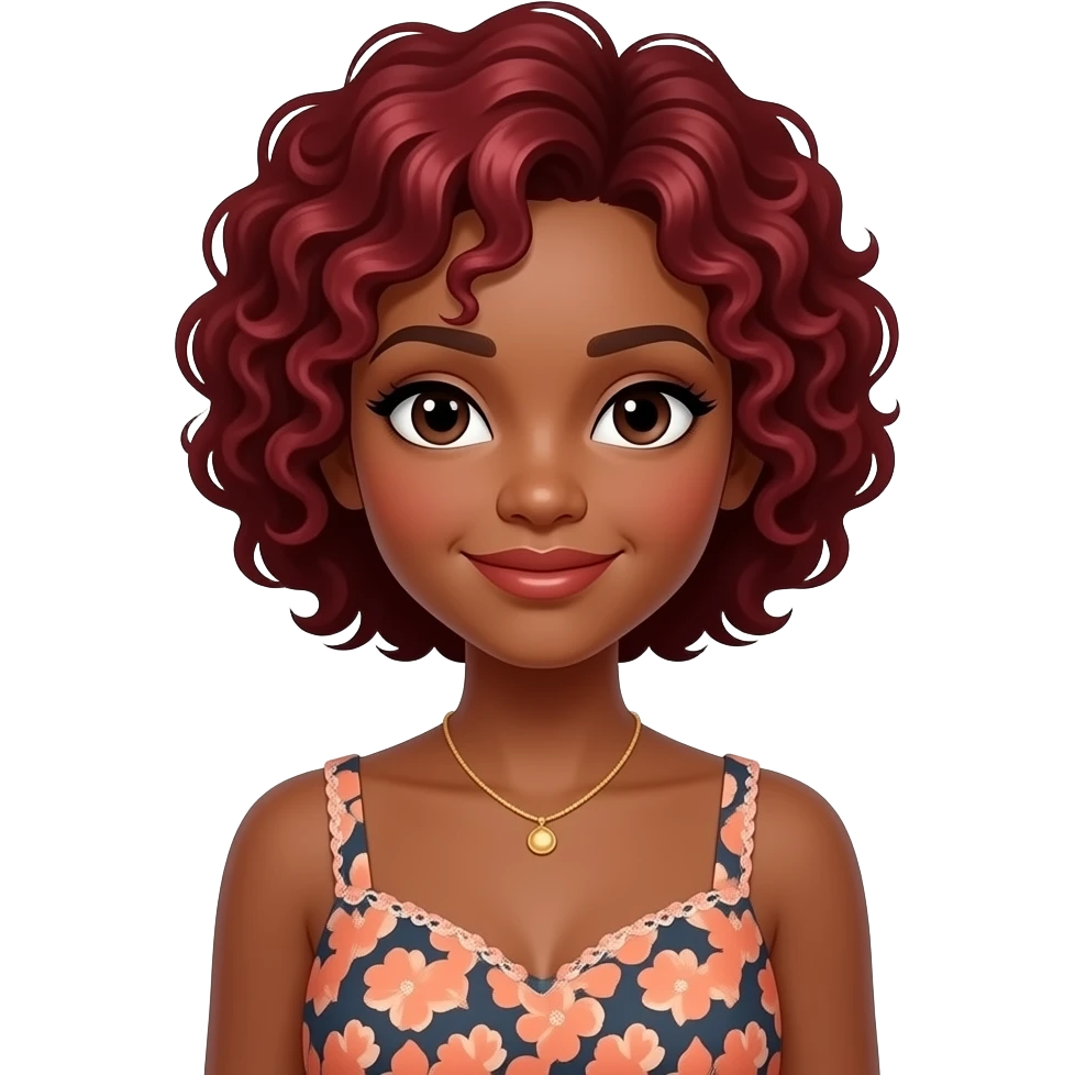 girl with dark skin rede hairs short curly hairs and wear a stylish dress emoji