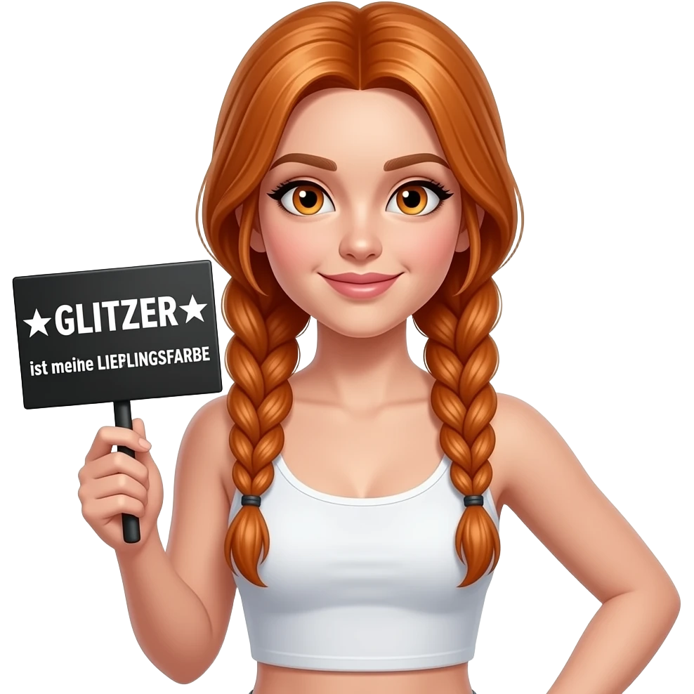 sexy girl with long ginger braids and ginger eyes wearing a white tanktop is holding a black sign with ☆GLITZER☆ ist meine LIEBLINGSFARBE written on it emoji