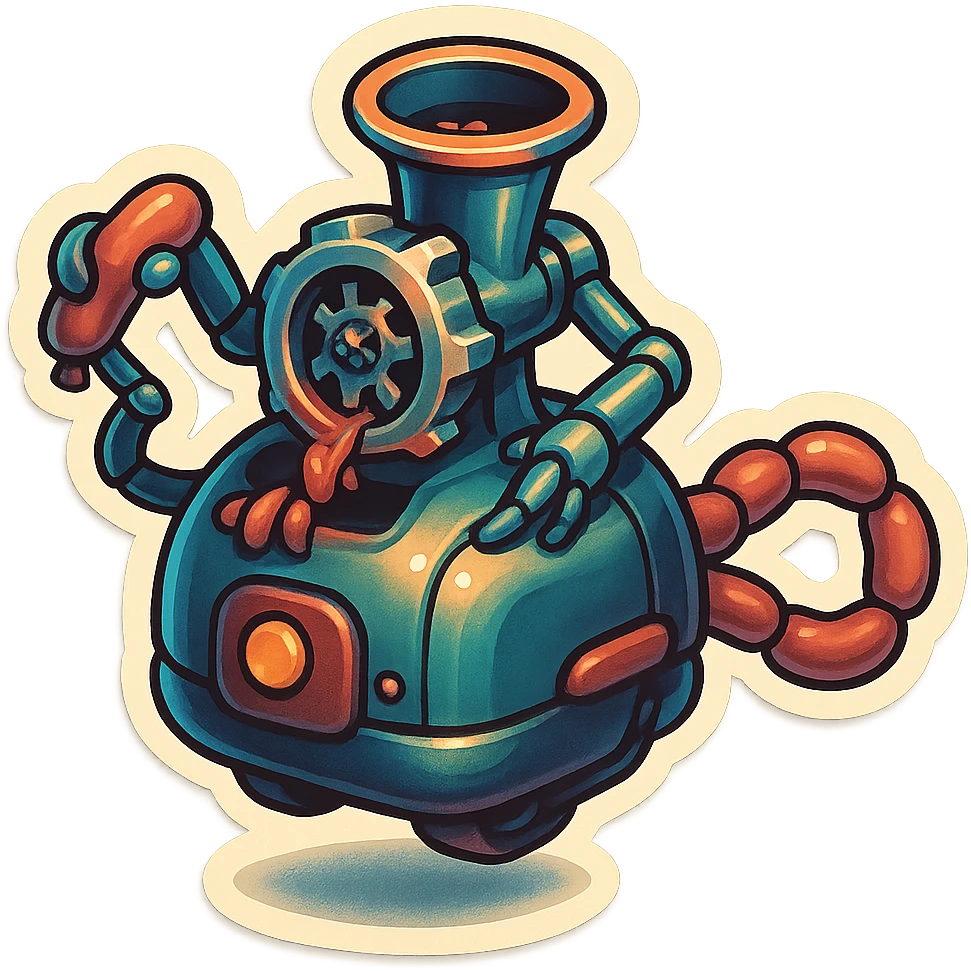 sausage-processing droid. retro-futuristic style. top is a circular industrial meat grinder with rotating gears and blades. Two robotic arms feed material into grinder. Sausage links extrude from the rear like  factory. The body is metallic, compact, and floats above the ground.no legs. Dark humor emoji