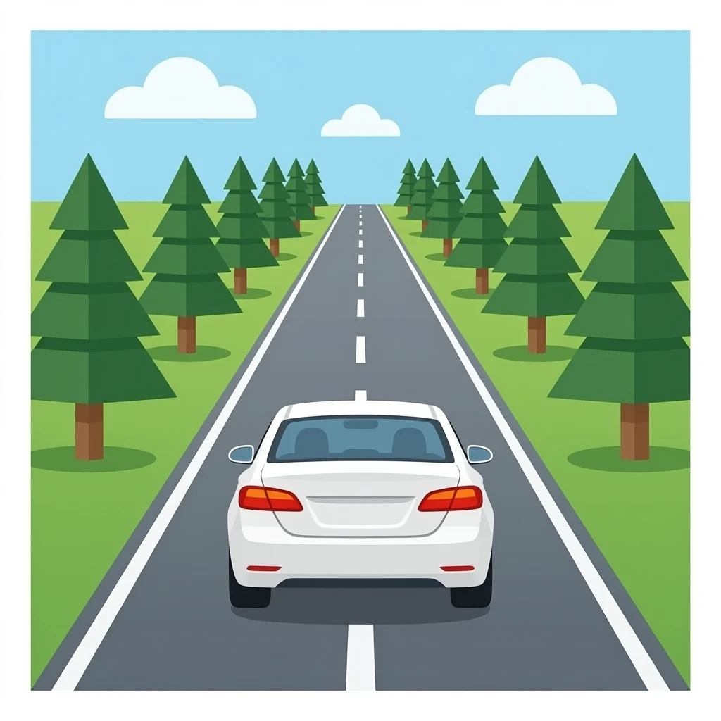 Flat vector emoji, receding road perspective, identical white sedan driving LEFT LEFT lane, symmetrical pine trees. emoji