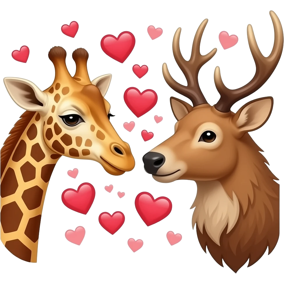 Einfacher Giraffenkopf und Elchkopf schauen sich an mit vielen Herzchen emoji