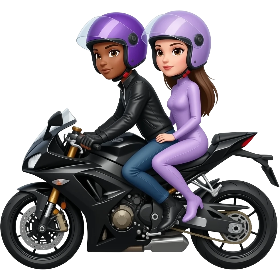 Dos mujeres de tez morena y blanca cabello lacio en moto negra y cascos morado y casco lila emoji