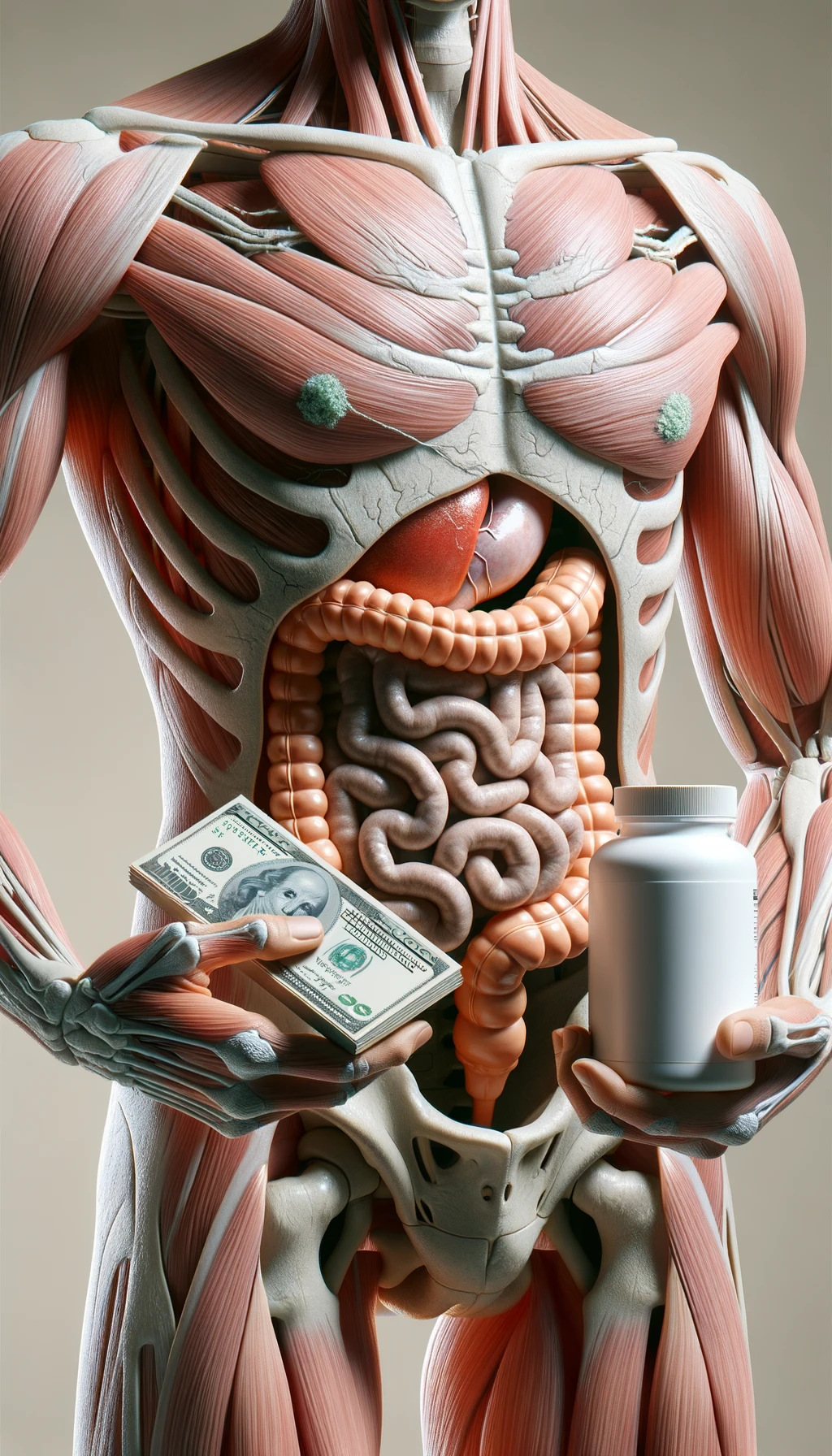 corpo umano anatomico con intestino umano anatomico realistico in evidenza che tiene nella mano destra una boccetta di integratore e nella mano sinistra delle banconote, sfondo neutro chiaro, iperrealistico 4k emoji