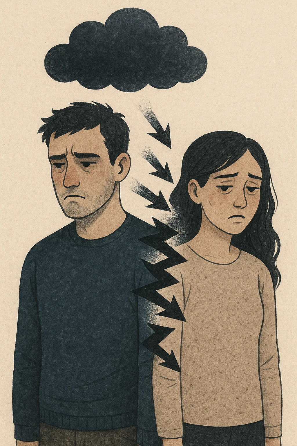 Vertical format: A man with a frustrated and gloomy expression, a dark cloud above his head, next to him a woman appears tired and overwhelmed, negative energy transferring from him to her, heavy atmosphere. emoji