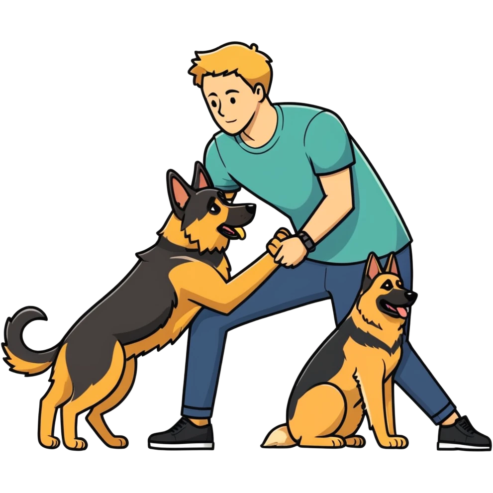 man playing with dog, shoulder length dark blonde hair, German Shepherd  emoji