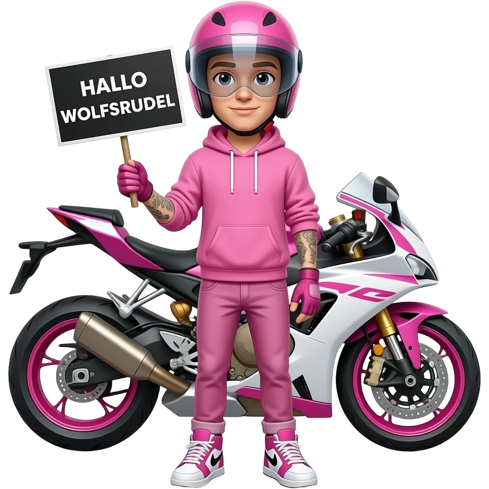 young man with pink jeans and a pink hoodie wearing white pink sneakers and pink gloves, tattoos on both forearms also he wears a pink motorcycle helmet with dark full vision and stands in front of a pink white motorcycle, is holding a black sign with HALLO WOLFSRUDEL written on it emoji
