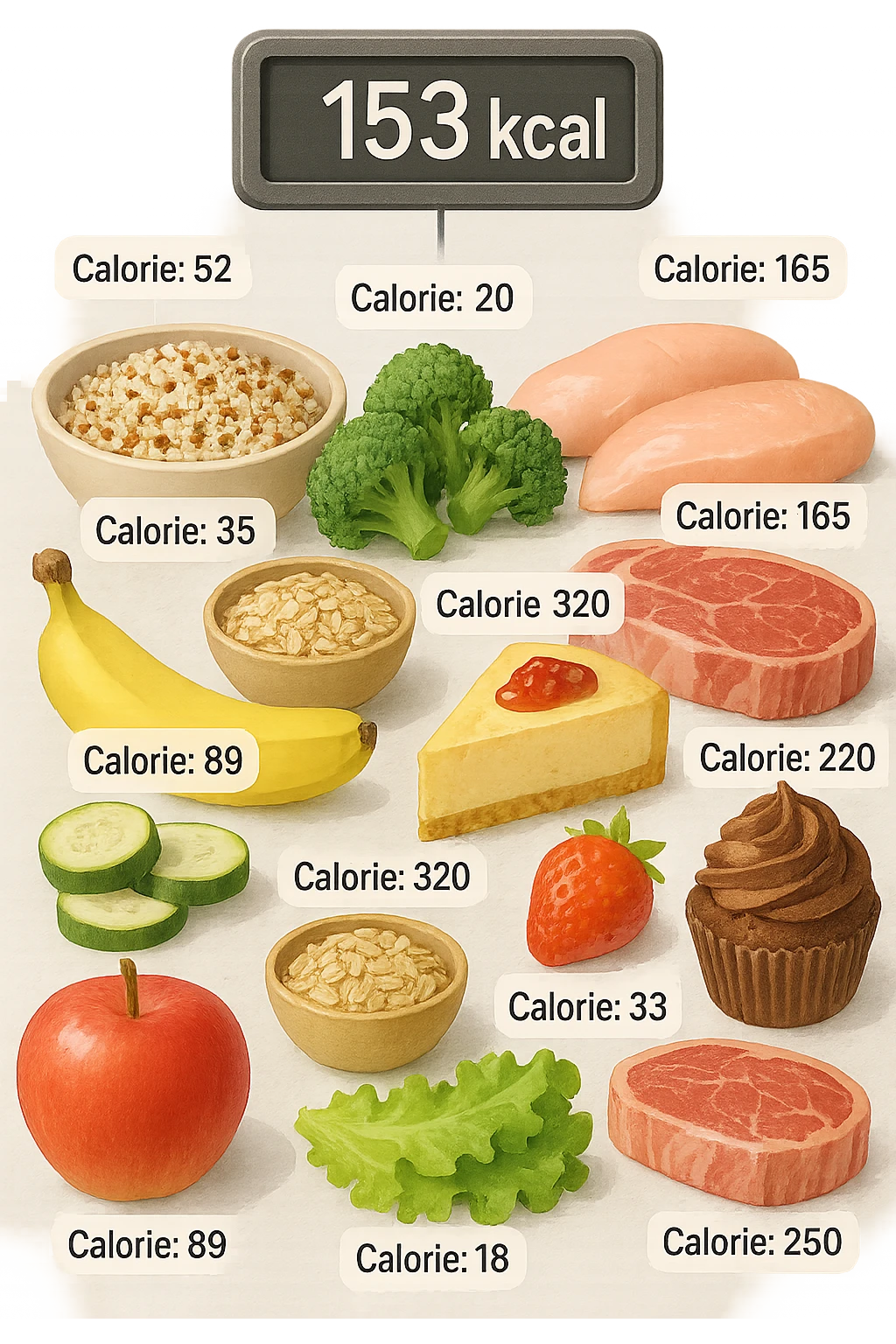 a digital calorie counter hovers above a variety of foods arranged on a table—fruits, vegetables, grains, meats, and desserts. Each food has a floating label showing its calorie content. The background is clean and modern, emphasizing the educational aspect of calorie awareness. scritto in italiano emoji