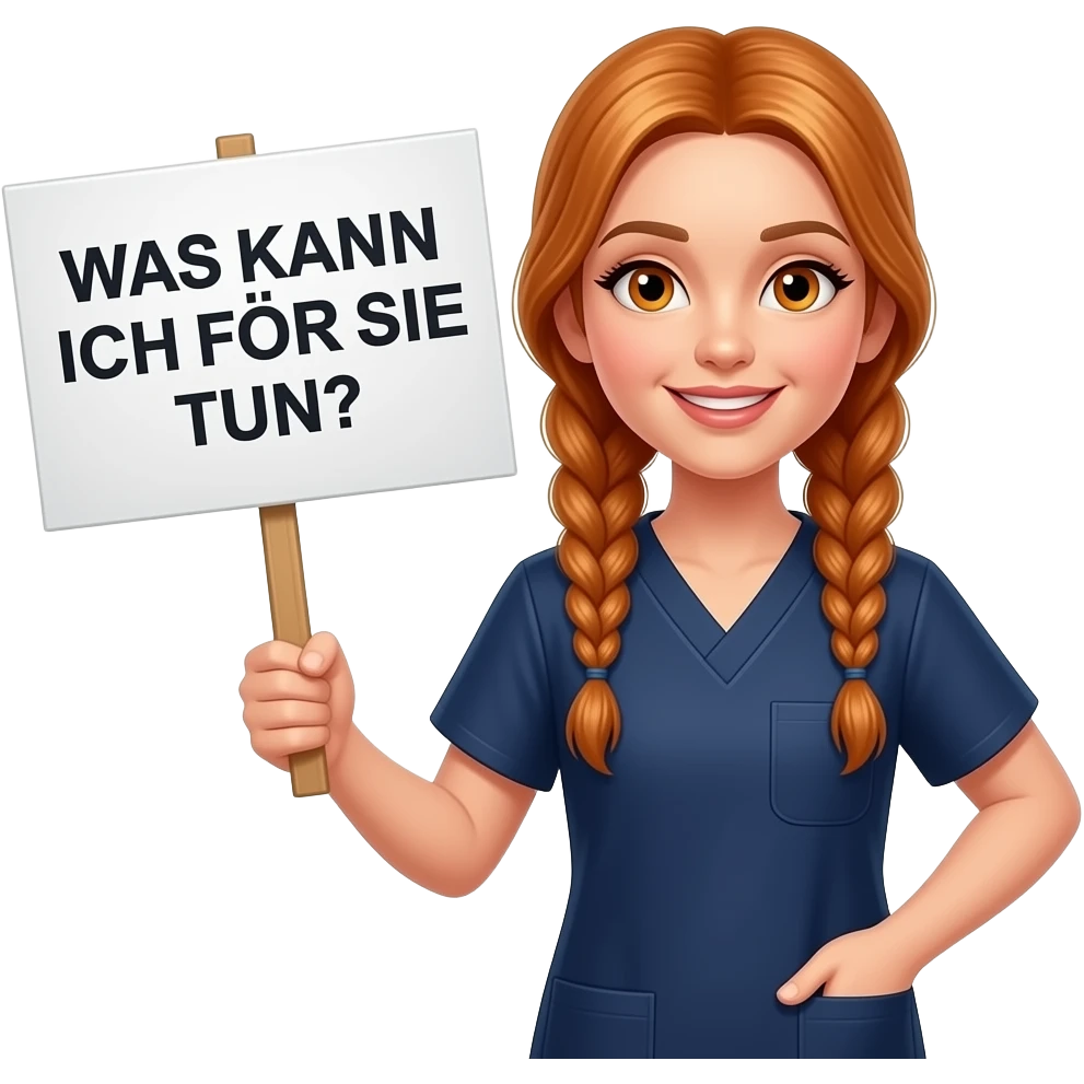 sexy girl with long ginger braids and ginger eyes wearing a dark blue scrubs is holding a sign with WAS KANN ICH FÜR SIE TUN? written on it emoji