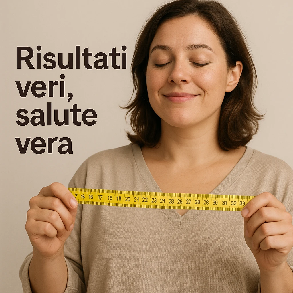 close-up of a woman with a satisfied expression, wearing loose clothes, holding a measuring tape, neutral background, Italian text: 'Risultati veri, salute vera', 4K quality emoji
