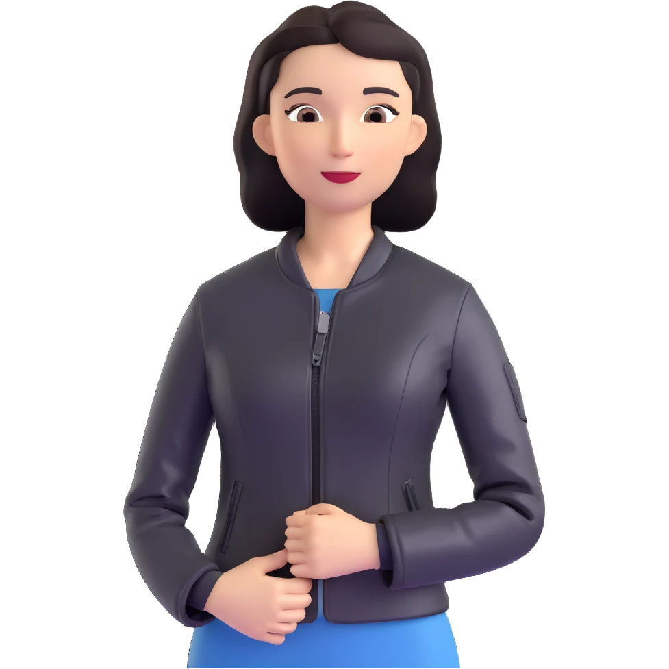 woman with oval-shaped flat-top head wearing a tight-fitting elbow-length black leather jacket emoji