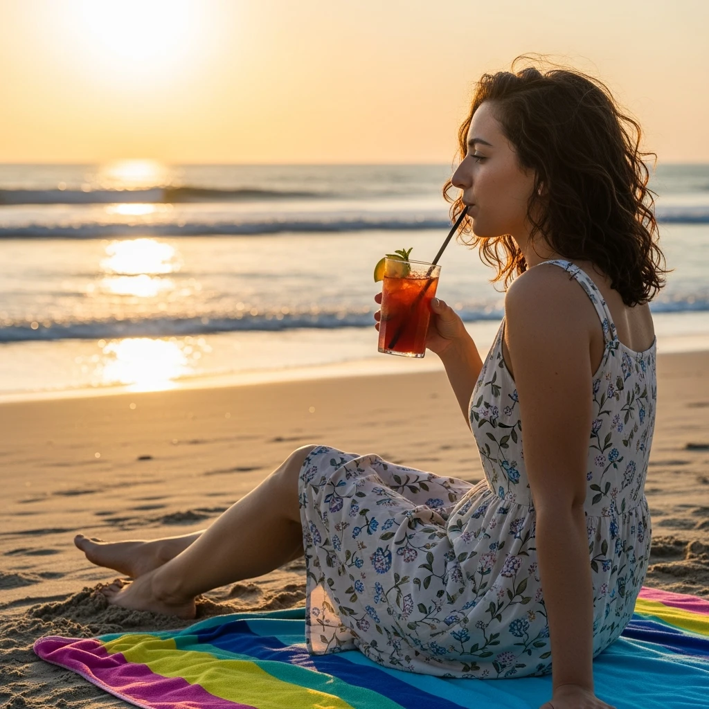 take this picture of a woman and make it  beach photo with drink emoji