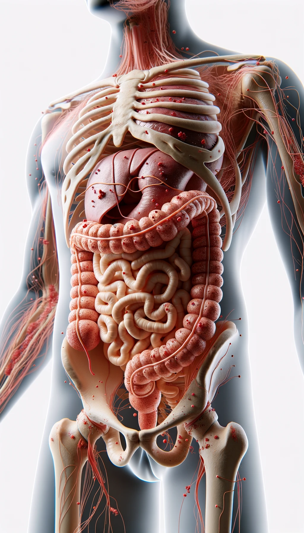 corpo umano anatomico con intestino in evidenza mentre mangia alimenti fermentati ricchi di microrganismi probiotici, iperrealistico 4k, isolato su sfondo bianco emoji