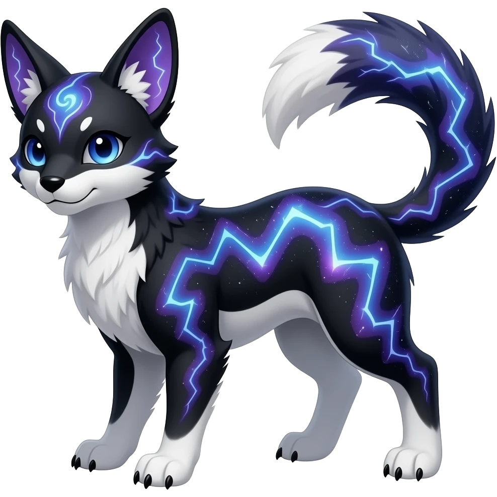Feral Rare Fantasy Black-Dark-Vortexed Lightning-strike-zig-zag-patterned striking purple-indigo-violet-blue-cyan-gradients with black points, white underside, galactic stormy edgy badass realistic Vernid-Sergal-Genet-Trico-species by LiLaiRa, random markings, tufted tail, tufted ears, full body emoji