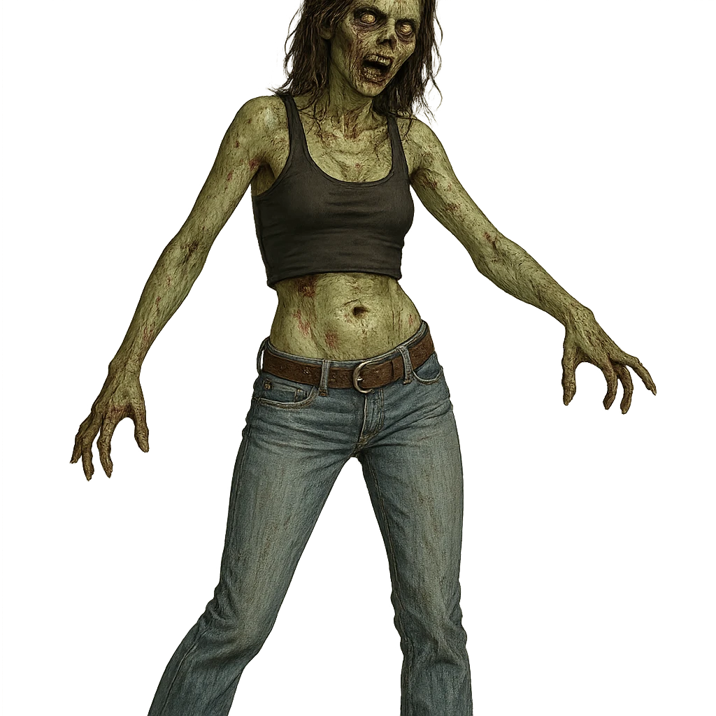 zombie woman in low-rise jeans and crop top, 2000s style emoji