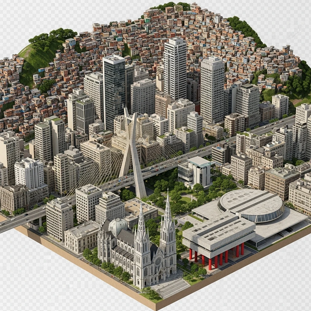 Isometric miniature of São Paulo Catedral da Sé, MASP on red pillars, Octávio Frias Bridge, and Altino Arantes building, favelas on hillsides, dense chaotic urban blocks, and green parks 3D miniature effect and Tilt Shift effect, no cartoonish look, transparent background. emoji