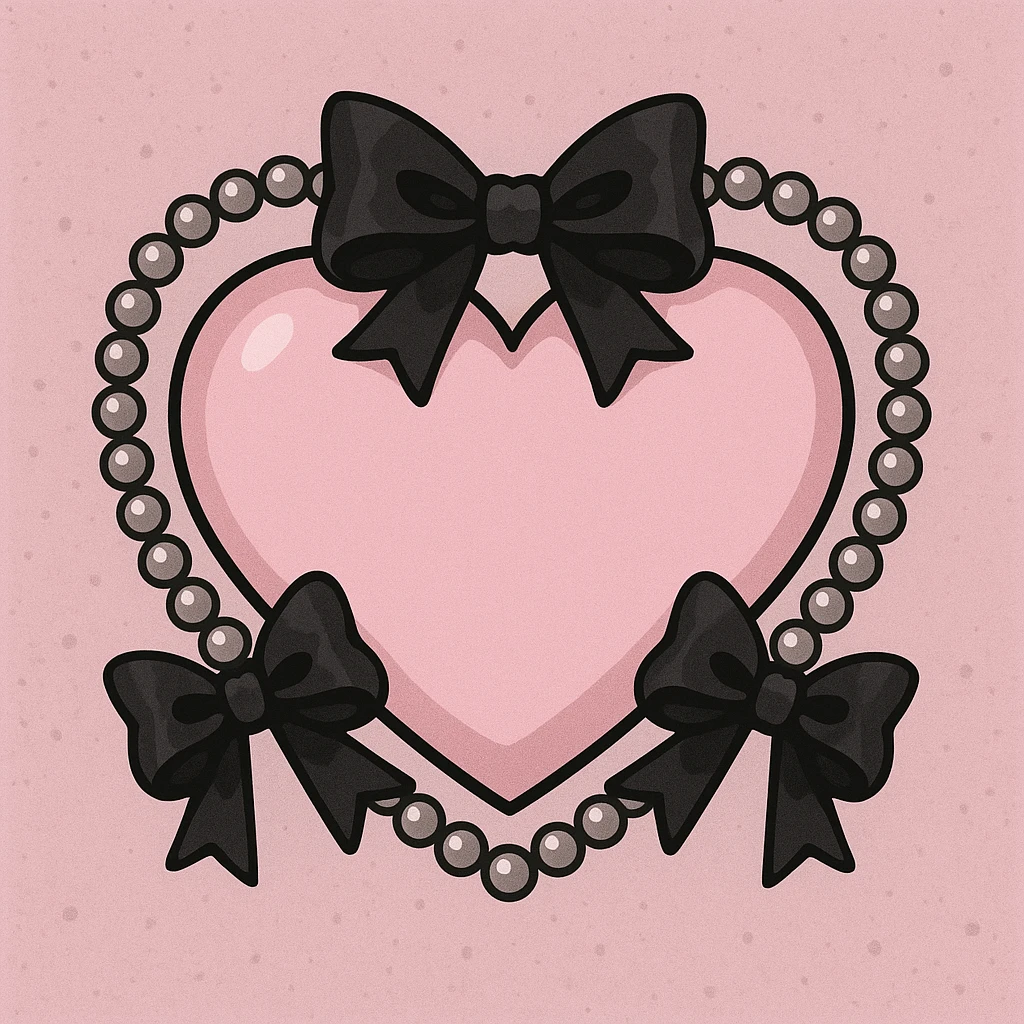 pastel goth heart with black bows and pearls, soft pink and black, cute gothic style emoji