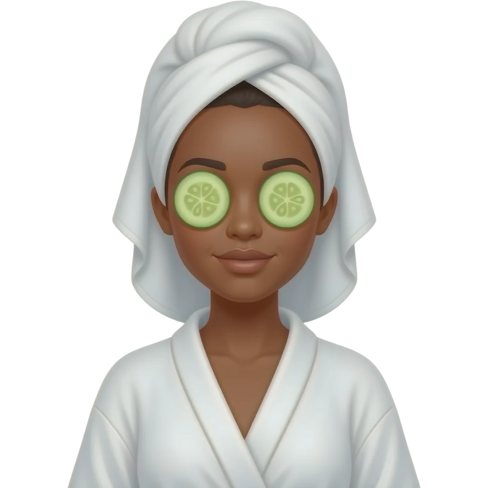 dark woman in a robe with hair in a towel and cucumber slices on her eyes emoji