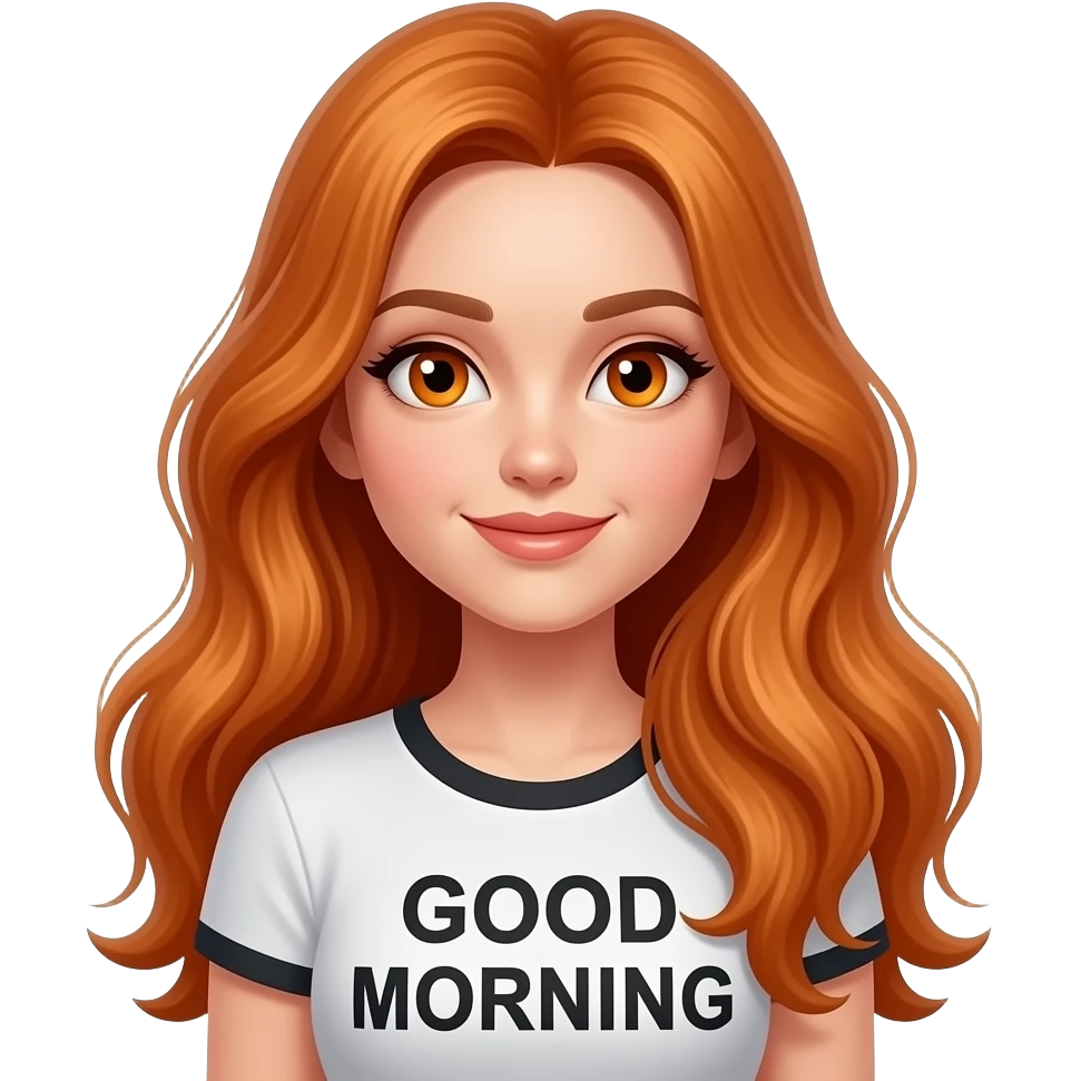 sexy girl with overlong ginger hair and ginger eyes a top with GOOD MORNING written on it emoji