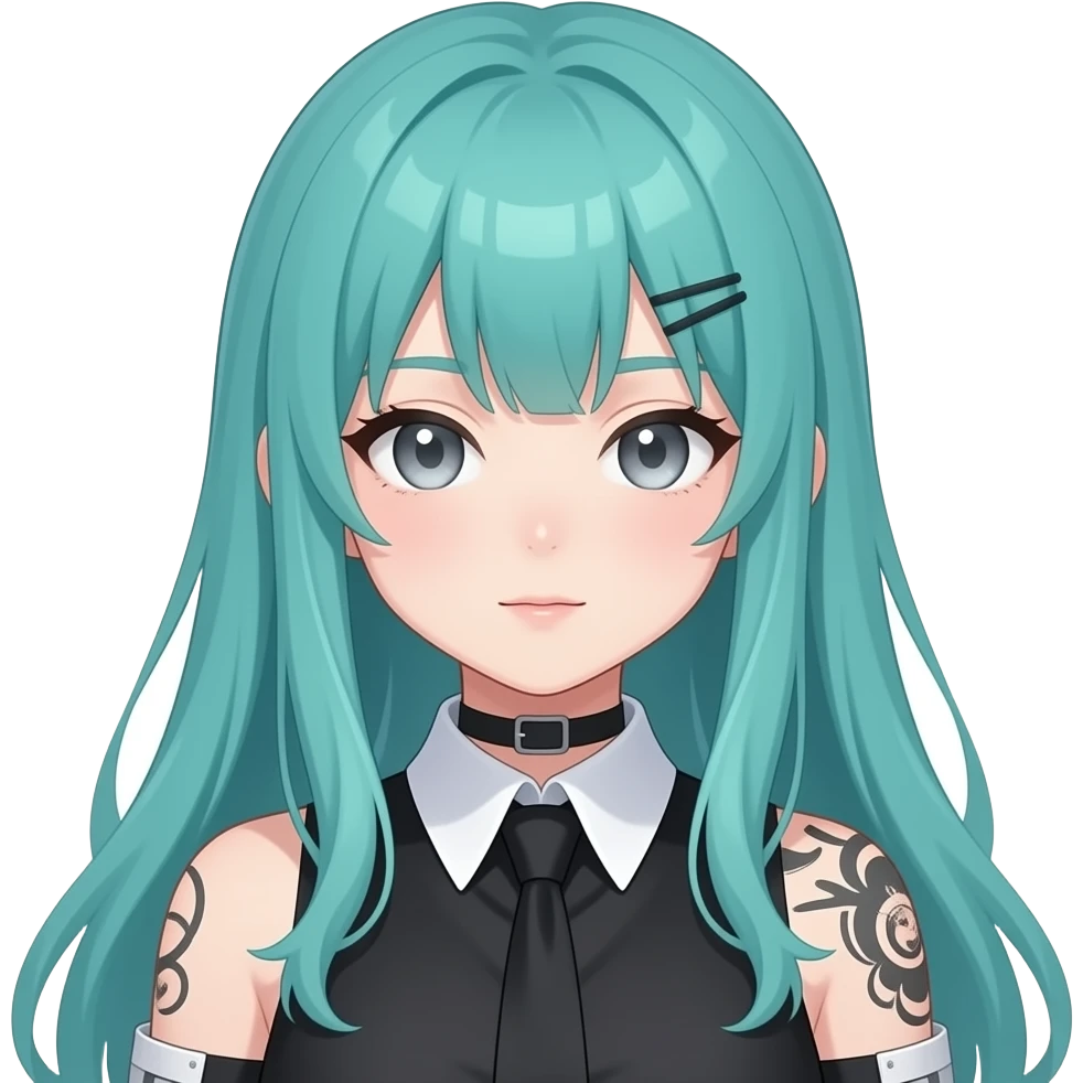 anime girl, resting face, face tattoos, long flowing teal hair, grey eyes, black shoulder cyberpunk blouse with fancy white collar emoji