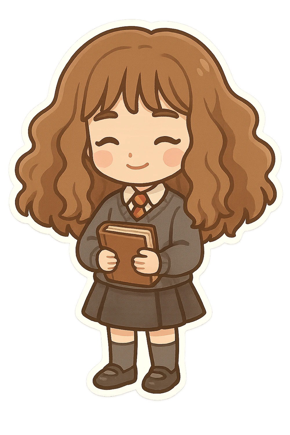 cute chibi character inspired by Hermione Granger with voluminous brown hair, wearing Hogwarts uniform including sweater, tie, skirt, socks, and shoes, holding a book, transparent background emoji