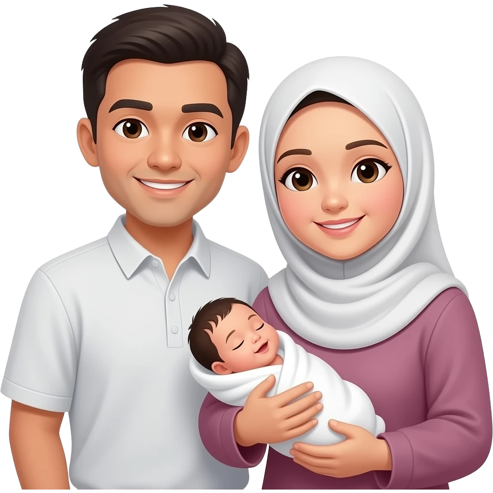 Muslim asian family, father with short hair, mother wearing hijab, and a new born baby girl. Make look a like iOS iPhone emoji emoji