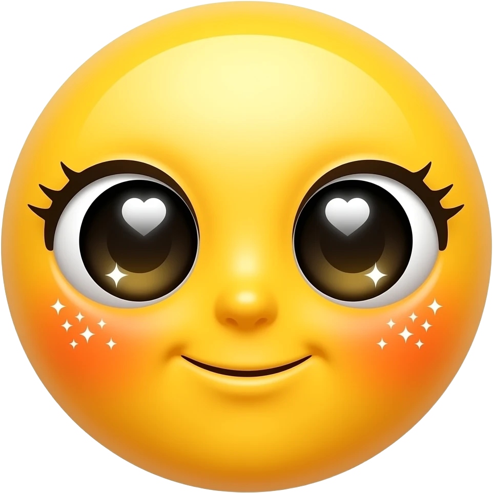 Yellow circular emoji with massive, sparkling dark eyes. Inside each eye is a white heart-shaped highlight. The face has a heavy orange-red blush across the center and tiny white sparkles around the edges. No mouth, No Nouse focusing entirely on a bashful, adoring stare emoji