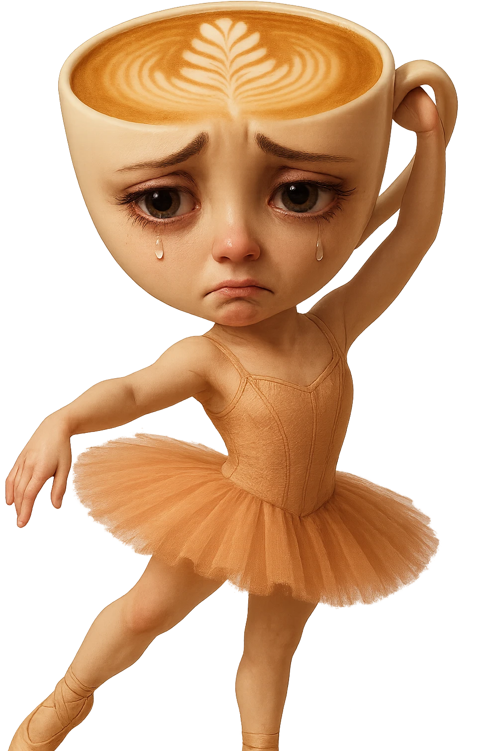 Edit the ballerina cappuccino character to have a sad expression. Keep the transparent background. emoji