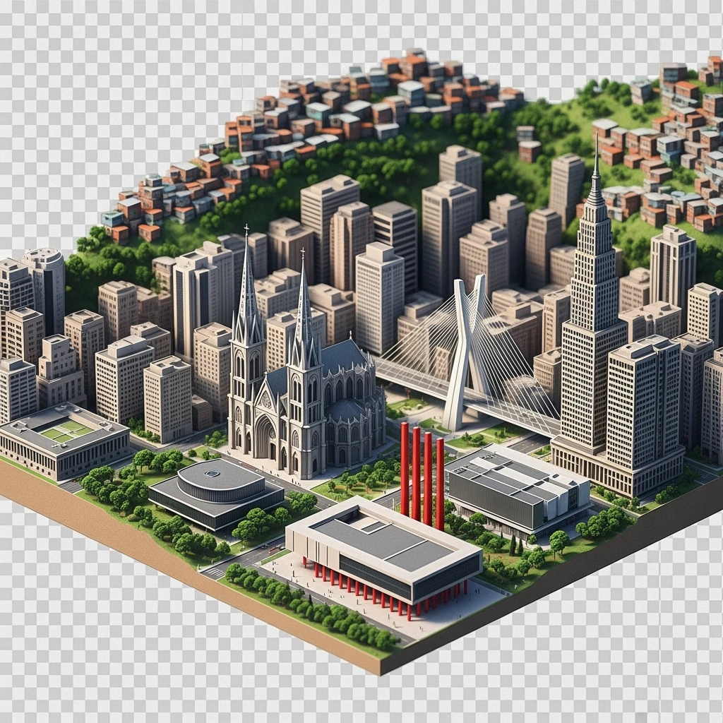 Isometric miniature of São Paulo Catedral da Sé, MASP on red pillars, Octávio Frias Bridge, and Altino Arantes building, favelas on hillsides, dense chaotic urban blocks, and green parks 3D miniature effect and Tilt Shift effect, no cartoonish look, transparent background. emoji