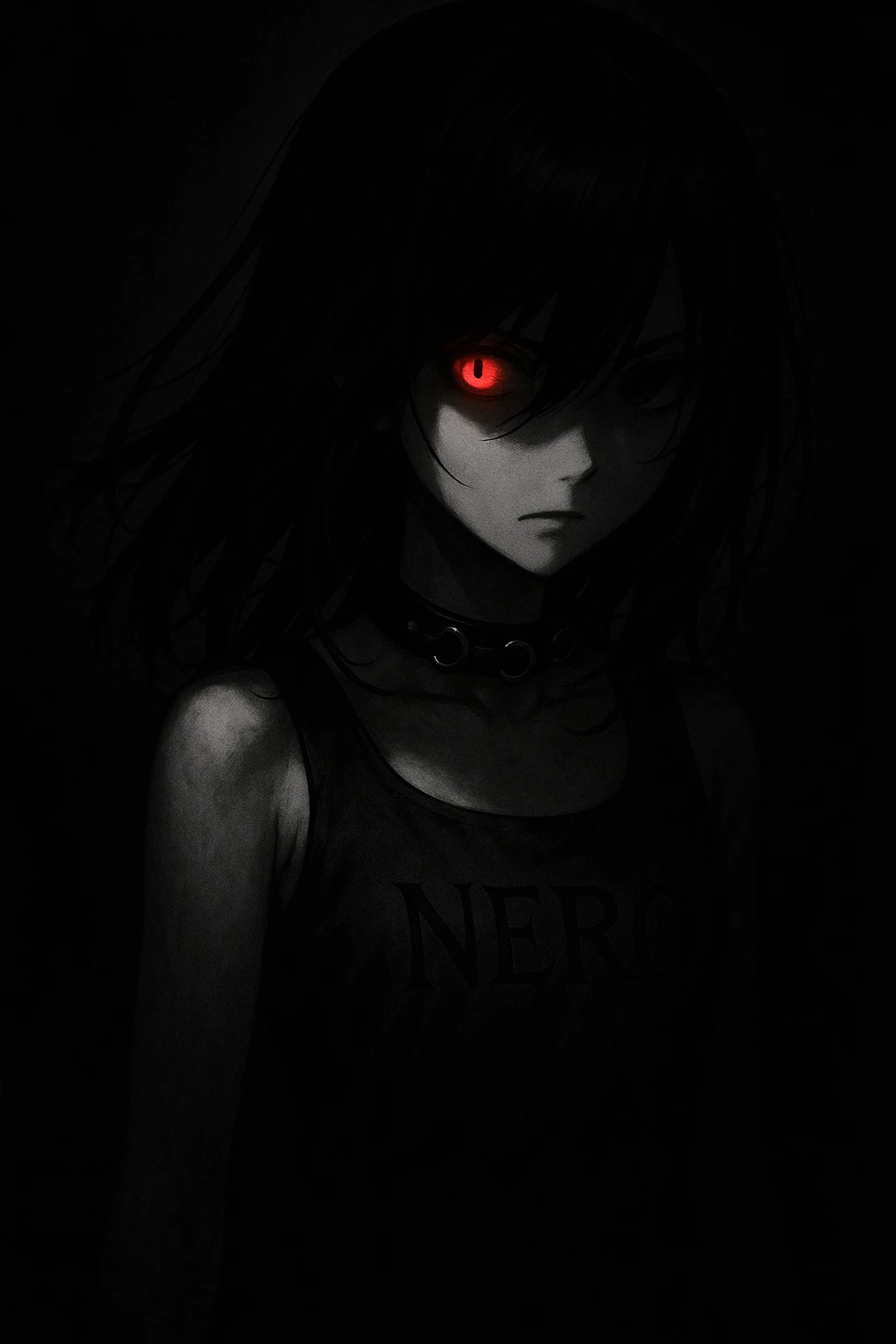 Anime girl emerging from darkness, jet-black hair over her face, turning right. Her left eye glows red with a menacing aura. She wears a black leather necklace with metal rings, and 'NERO' is engraved in black script on her dress. emoji