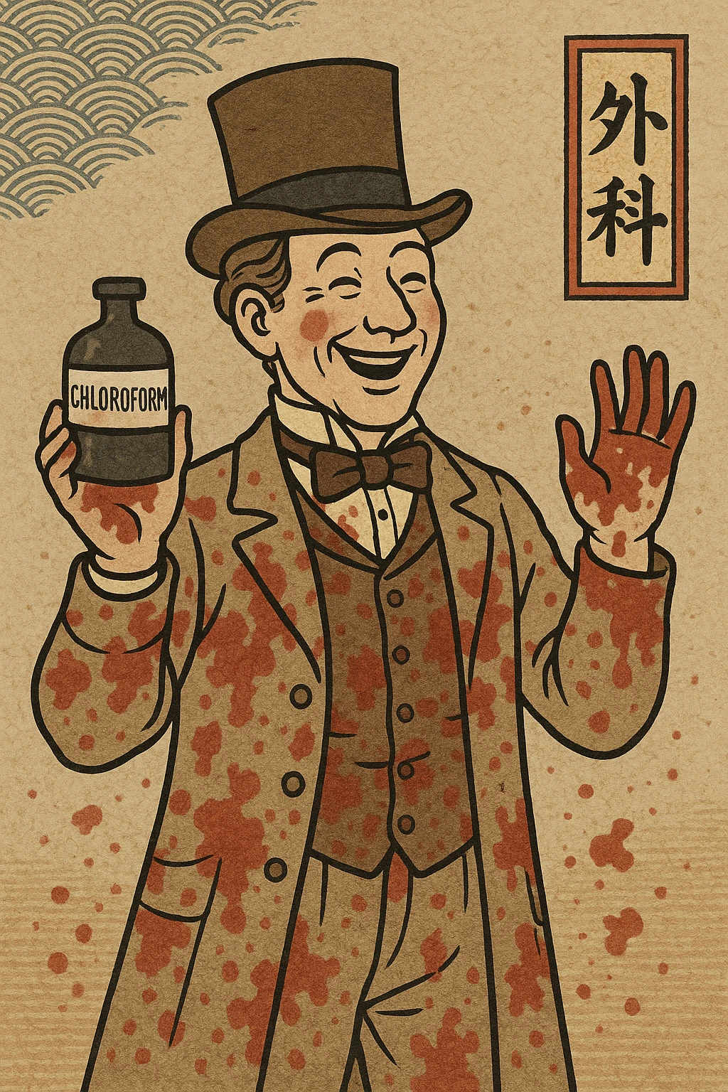 Victorian surgeon looking happy covered in blood stains and holding a bottle of chloroform emoji